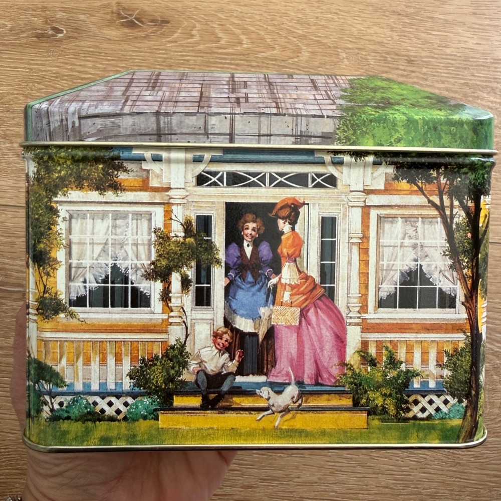 Vintage Victorian House Tin Canister Rectangular Metal Storage Box 1961A
